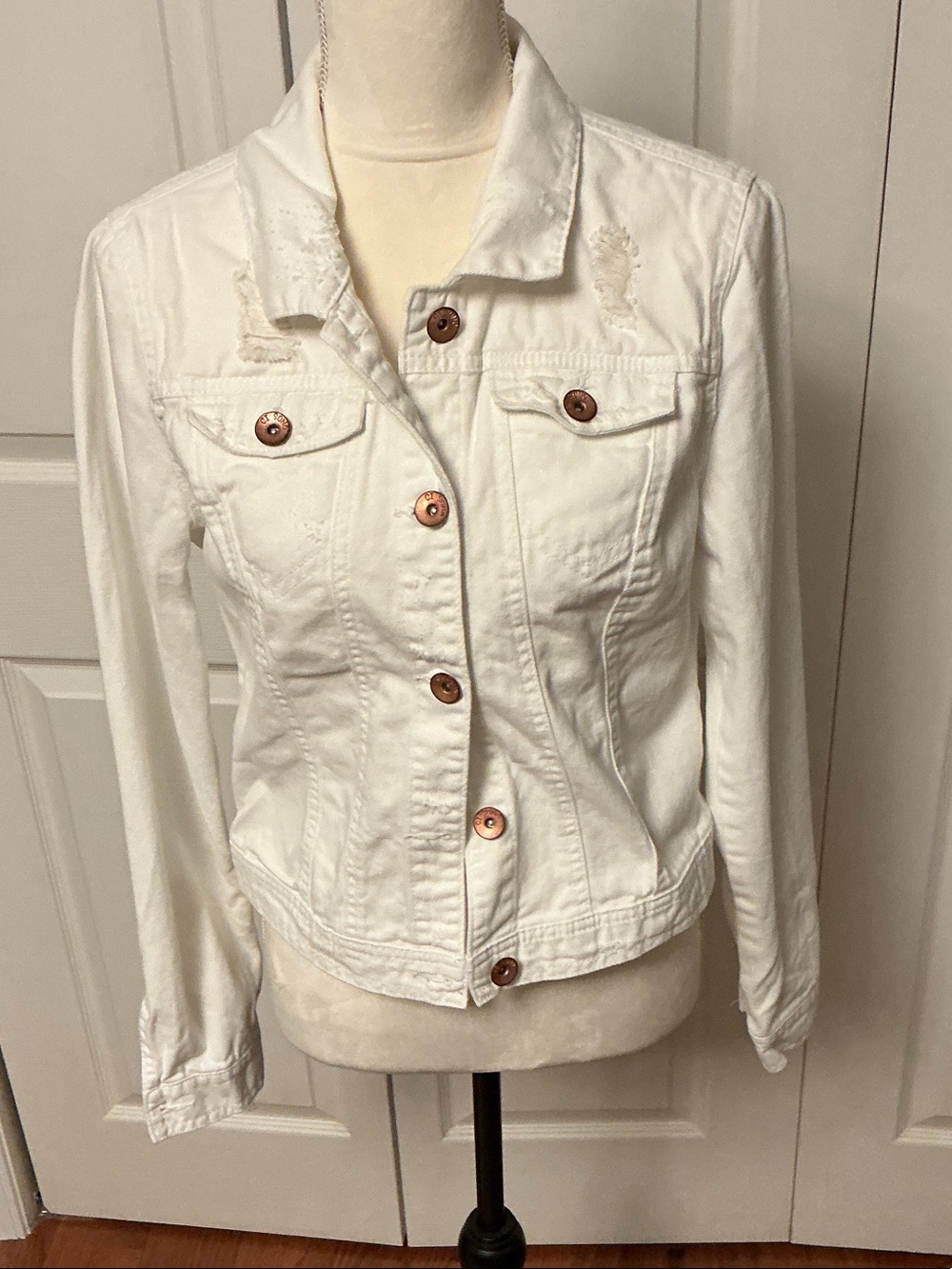 Ci Sono White Distressed Denim Jacket with Copper Buttons